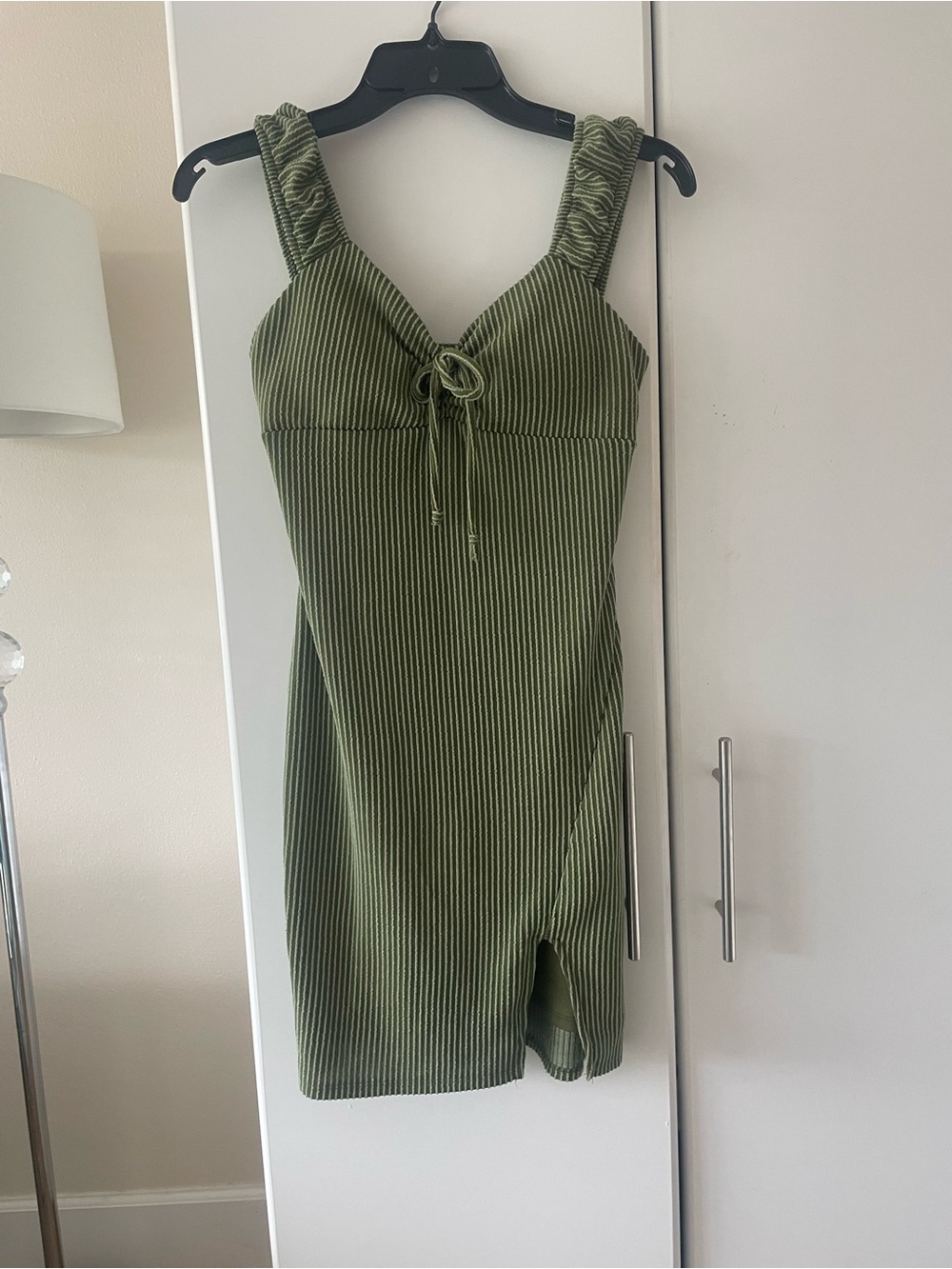 No Boundaries Olive Green Ribbed Mini Dress with Front Tie